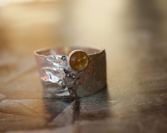 Sterling Silver Reticulated Overlap Ring Set With Amber Stone