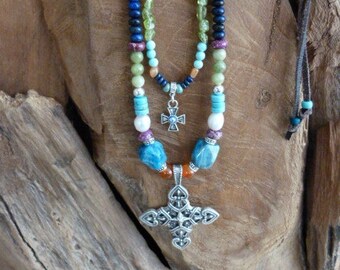 Sundance style Leather & beads double strand Silver Pewter Cross necklace