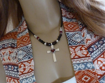 Hand beaded genuine leather necklace with pewter embelished cross