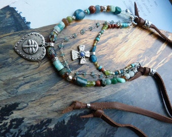 Sundance Jes MaHarry style Southwest Leather & beads embellished cross and Dragonfly heart  necklace