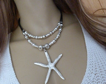 Uno de 50 style Zamak beads & genuine leather large Starfish pendant necklace