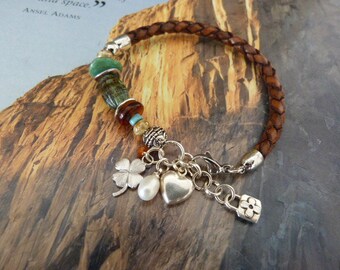 Southwest Style hand beaded gemstone & Genuine Leather rustic charm bracelet