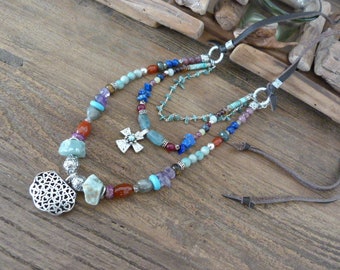 Sundance style deer leather & beads southwest necklace with Silver talisman  and cross pendant