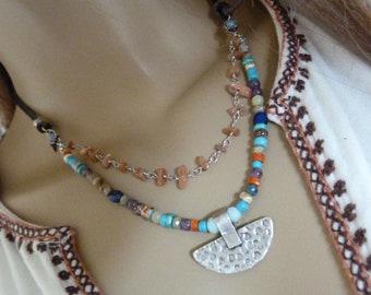 pretty hand beaded gemstone  Leather & Pewter tribal pendant multi bead Necklace