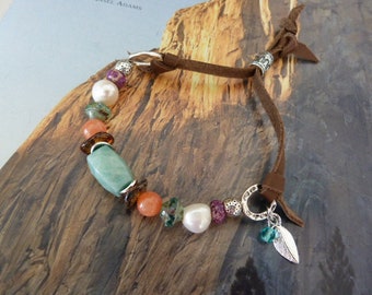 Southwest Style hand beaded gemstone & Genuine Leather rustic charm bracelet