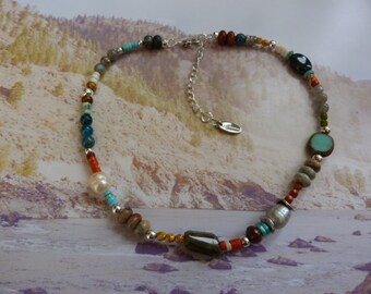 Rustic quirky unique hand beaded southwest gemstone short necklace