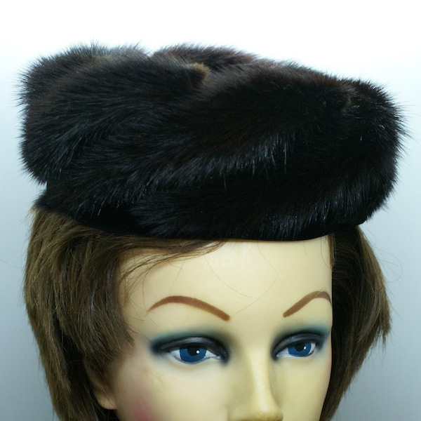 1950's Mink Fur & Black Velvet Pill Box Hat / Stuart Original / Dark Brown Color