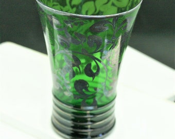 Vaso de vidrio verde con revestimiento de plata de ley/diseño de rosa