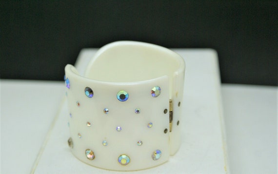 1950's White Lucite w/ Iridescent Rhinestone Brac… - image 1