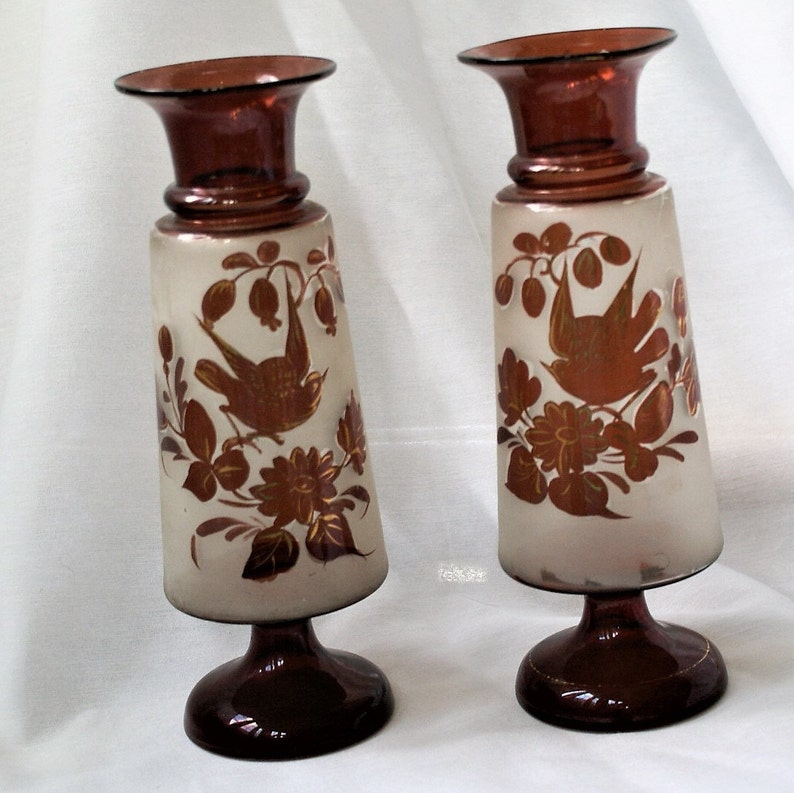 Sale Victorian Era Bristol Satin Art Glass Hand Painted Pair Etsy