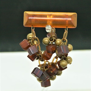 Vintage Brown Bakelite Bar Pin w/ Brown Bakelite Squares & Brass Balls