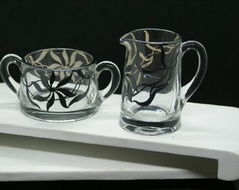 Sterling Silver Overlay /Vintage Glass Creamer & Sugar w / Nice Design