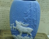 Wedgewood Blue Jasperware vase w white Elk Deer in high relief Woodland Theme Vase 7 2 quot Tall