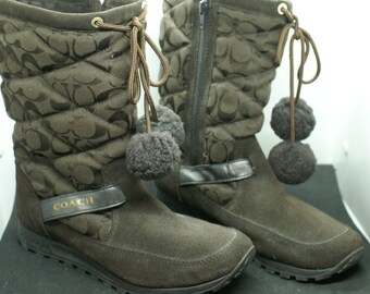 Coach Winter Insulated Boots / Brown Suede & Quilted "C" Material / Brown Fluffy Pop-Poms / 9 1/2 Size