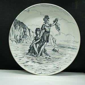Plato parlante francés de la década de 1900 / Creil et Montereau / Transferencia en blanco y negro