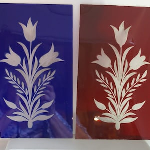 Etched Glass for Kitchen Cabinet Doors/ Vintage / Red & Blue Glass