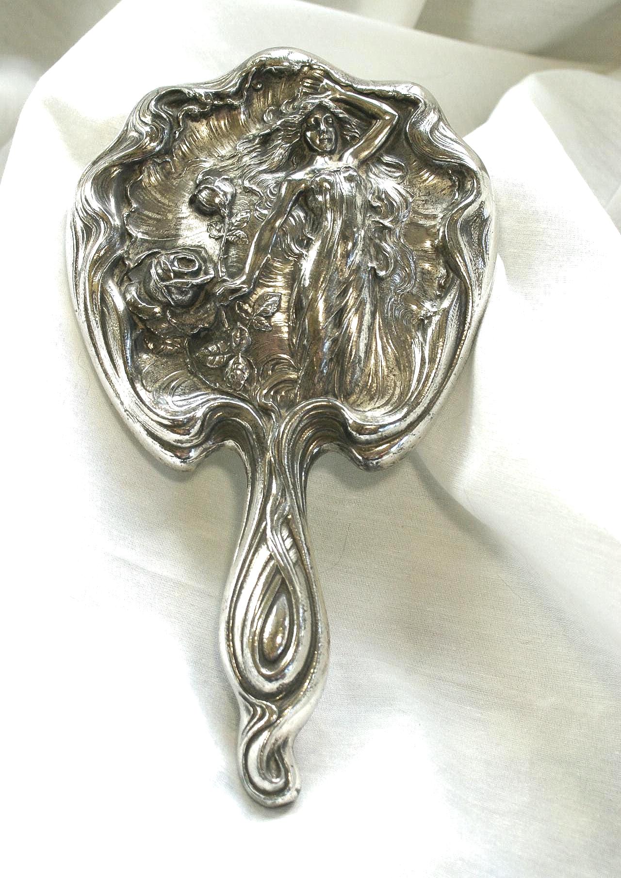 Antique Victorian Art Nouveau Hand Mirror Lady Roses Repoussé Derby Silver 1900s