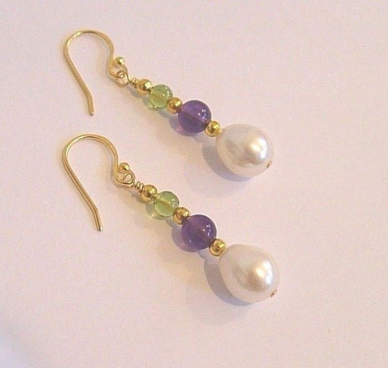 Suffragette Earrings 24kt yellow Vermeil Gold Hooks Amethyst Earrings Peridot gemstones 11mm pear drop Freshwater Pearls Suffragists