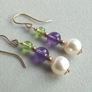 Suffragette Earrings Amethyst Peridot Gemstones Freshwater Pearls 14kt Yellow Gold filled Earwires Suffragists  Votes for Women 1918 - 2018