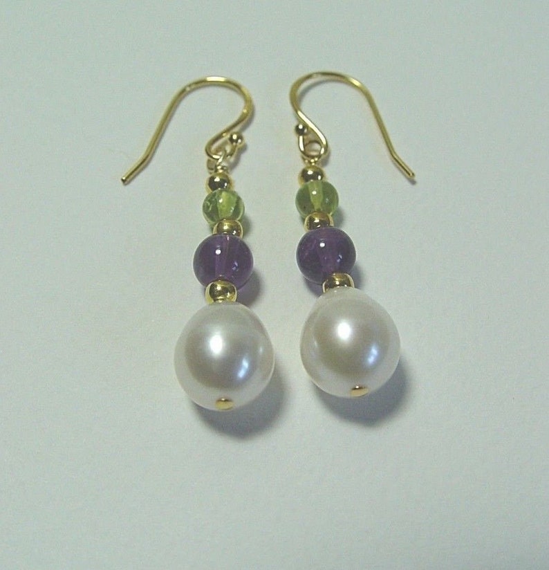 Suffragette Earrings 24kt yellow Vermeil Gold Hooks Amethyst Earrings Peridot gemstones 11mm pear drop Freshwater Pearls Suffragists