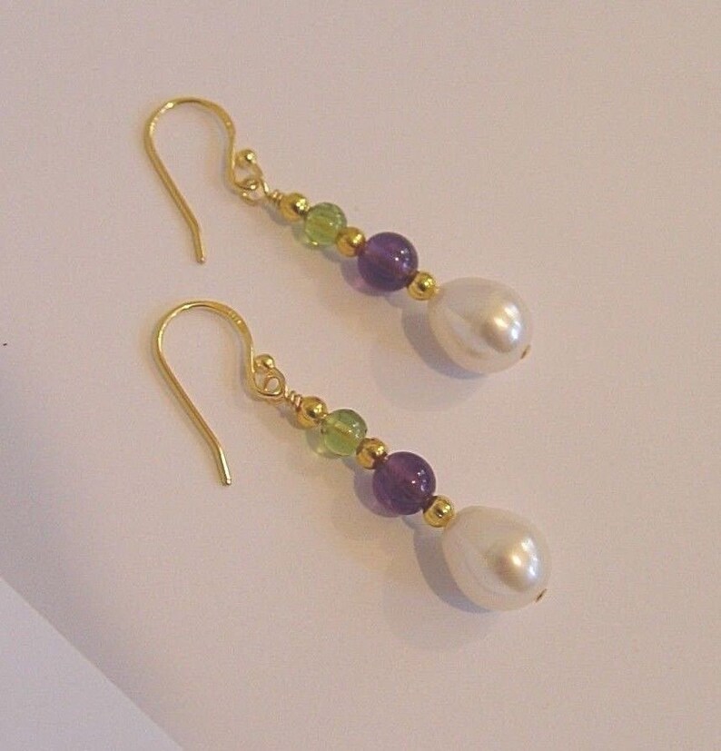 Suffragette Earrings 24kt yellow Vermeil Gold Hooks Amethyst Earrings Peridot gemstones 11mm pear drop Freshwater Pearls Suffragists