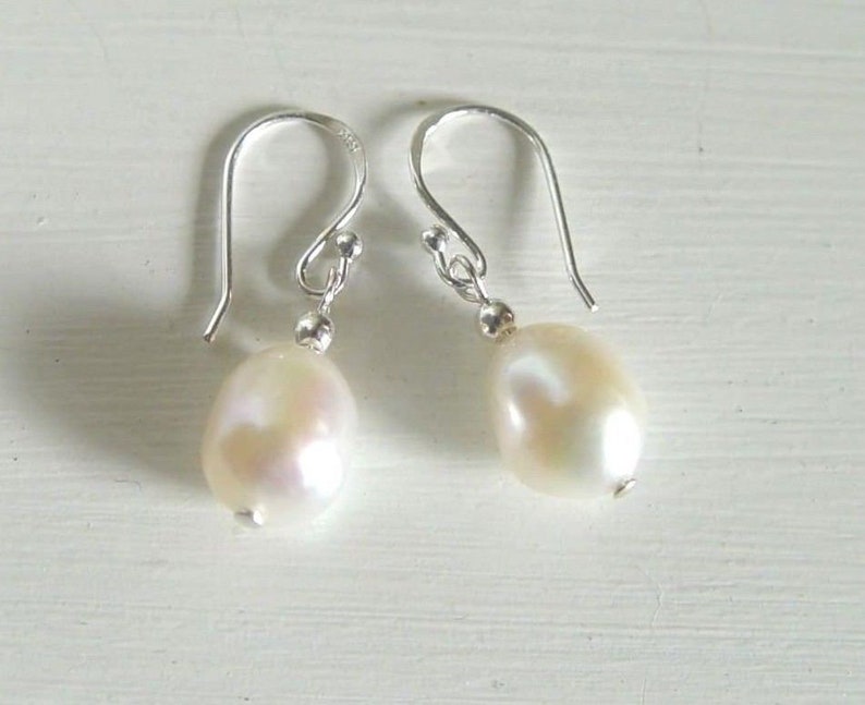 White freshwater Pearl Earrings cultured Nugget baroque Pearl drop Earrings Sterling Silver ball hooks Bridal Wedding JUNE BIRTHDAY Pouch UK