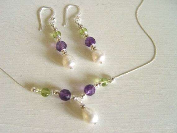 Truly Venusian Suffragette Jewellery 925 Sterling Silver Amethyst Peridot Seed Pearl Dropper Earrings