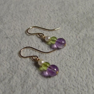 Drop Earrings Amethyst Peridot Gemstones Freshwater Pearls 14k Yellow Gold filled Ear wires Suffragists  Suffragette inspired Small drops