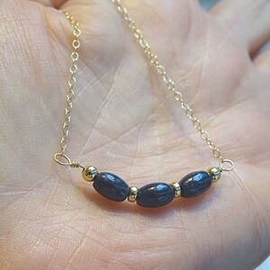Sapphire gemstone barrel beads Trio Three on 14k Yellow Gold filled Necklace Yellow Gold beads 18" - 46cm Boxed