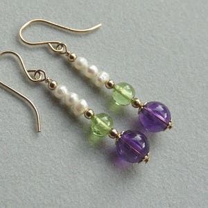 Suffragette Amethyst Peridot Gemstones Freshwater seed Pearls 14k Yellow Gold fill drop Earrings Suffrage Edwardian fine Jewellery Boxed
