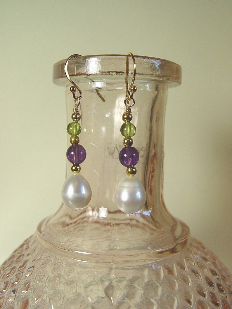Suffragette Earrings 24kt yellow Vermeil Gold Hooks Amethyst Earrings Peridot gemstones 11mm pear drop Freshwater Pearls Suffragists