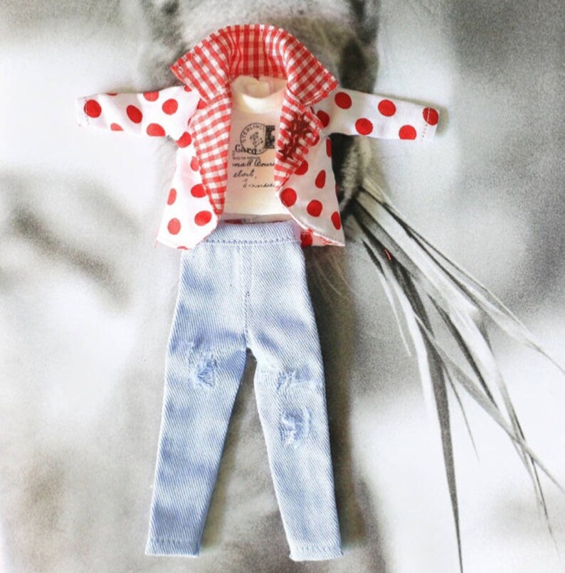 May include: A red and white polka dot jacket with a gingham collar and a white t-shirt underneath. The jacket is paired with light blue denim jeans with distressed details.