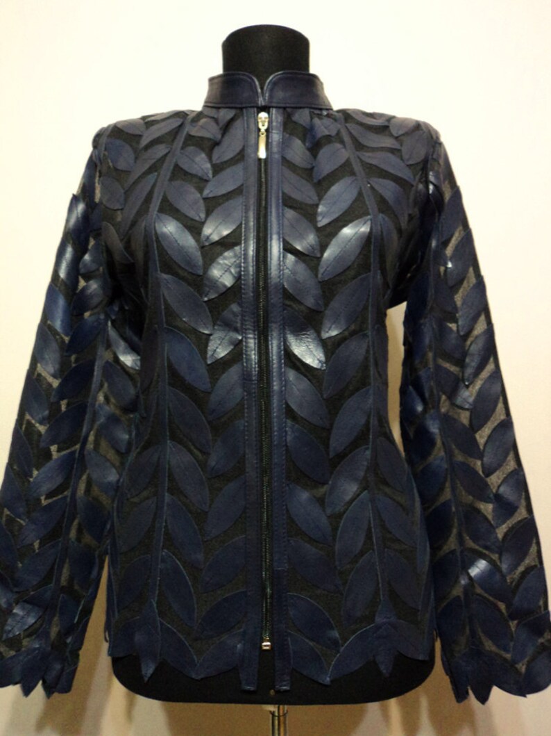 Navy Blue Leather Leaf Jacket For Women All Colors Sizes Genuine Lambskin Short Zip Up Light Lightweight Womens Design Handmade D04