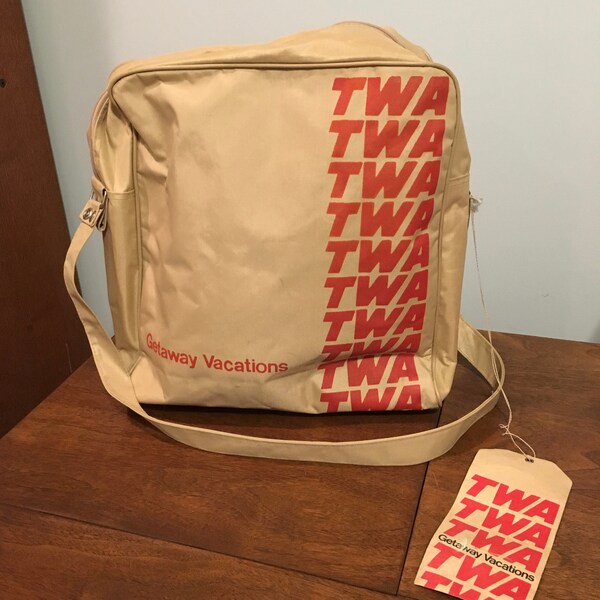 VIntage TWA 1980s Tan Canvas Travel Airline Bag Luggage Carry On