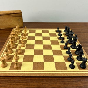 Vintage 1970s?  Wood Chess Set in Wooden Box - King little over 2 inches tall -