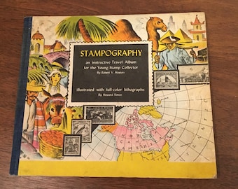 Estampografía vintage de 1951: un álbum de viaje instructivo para el joven coleccionista de sellos, ilustrado con litografías a todo color