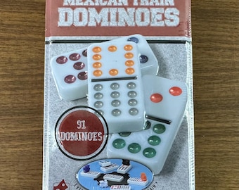 Vintage Mexican Train Dominoes 91 Piece Set - Metal Tin by Cardinal (still in plastic)