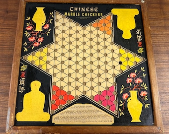 Vintage 1939 Whitman Chinese Checkers Game Board: Buddha & Vase Design