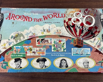 Juego de mesa clásico de 1957 "La vuelta al mundo en 80 días" de Transogram.