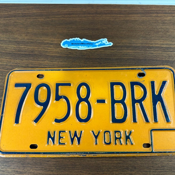 Vintage 1980s New York NY Gold and Blue  7 Digit License Plate 7958 BRK