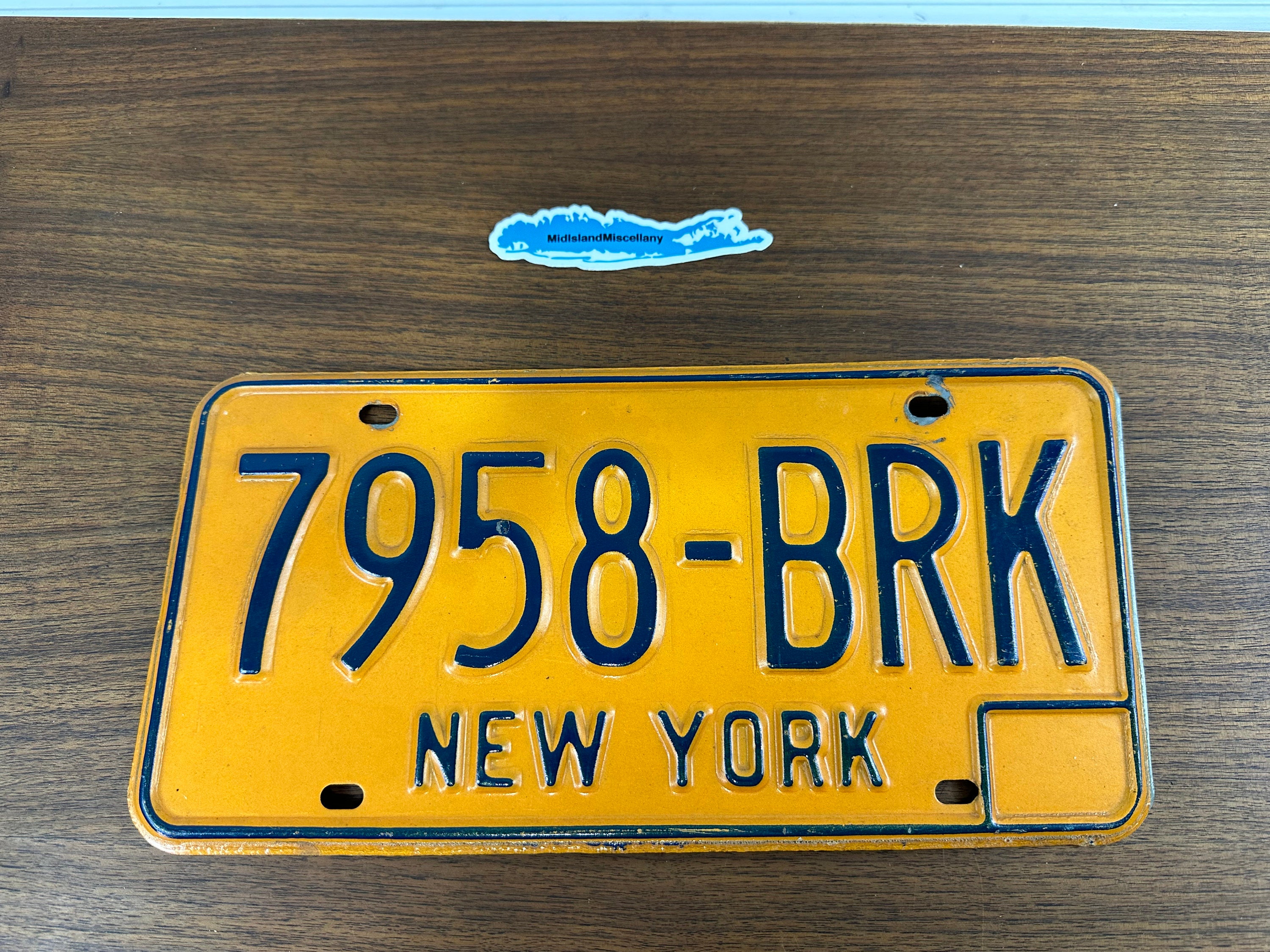 Vintage 1980s New York NY Gold and Blue 7 Digit License Plate 7958