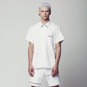 white dress shirt with shorts