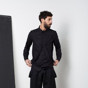 Mens Black Linen Shirt: Long Sleeve Button-Up with Harness Straps
