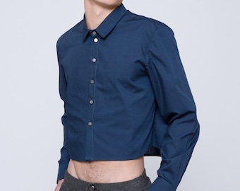 Mens Navy Crop Top: Long Sleeve Button-Down Shirt