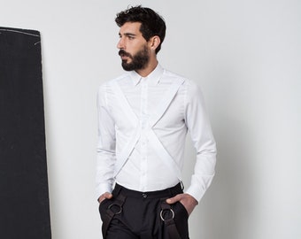 Mens white shirt, Mens dress shirt, Harness shirt, Mens shirt, Mens long sleeve shirt, Slim fit, button down, minimalist clothing shirt men