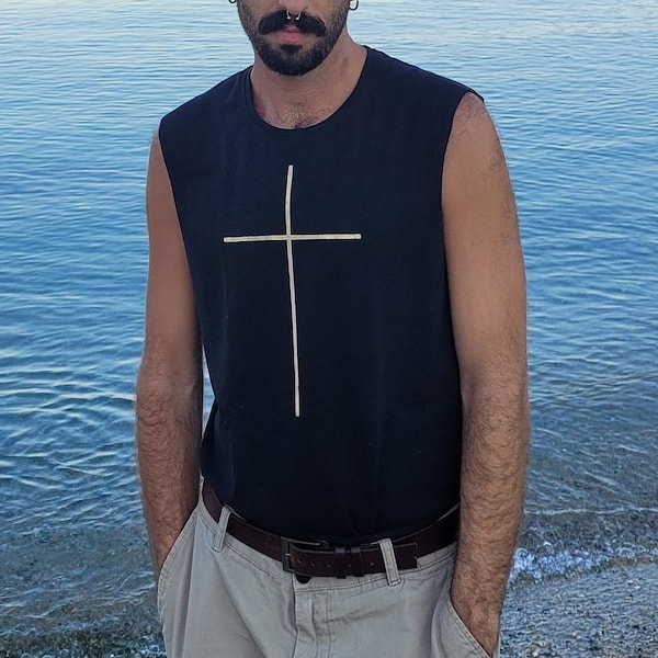Mens Black Tank Top: Golden Print Sleeveless Shirt