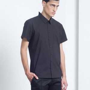 Mens shirt Mens black short sleeve dress shirt cut out collar button up button down shirt designer minimalist clothing shirt men shirts