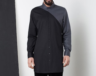 Mens shirt, Mens asymetric shirt, Mens tunic shirt, Mens black shirt, Mens gray shirt, Mens long shirt, Long sleeve shirt, Mens clothing