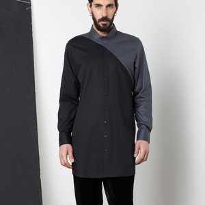Herenhemd, asymmetrisch herenhemd, herentuniekhemd, herenzwart overhemd, grijs herenhemd, herenshirt lang, shirt met lange mouwen, herenkleding