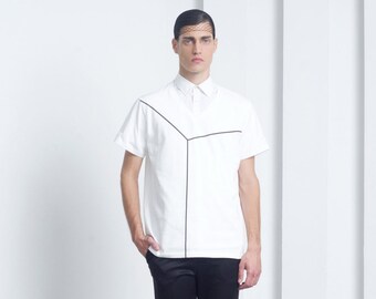 Mens shirt Mens white shirt Mens printed shirt Geometric shirt Mens short sleeve shirt V neckline minimalist shirt men shirts mens tshirts